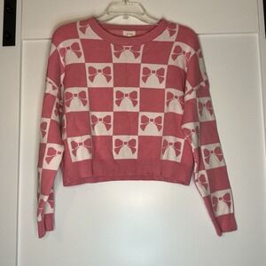 Debut Women's Checkered Pink Bow Sweater Size M Colorblock‎ Coquette Girlhood